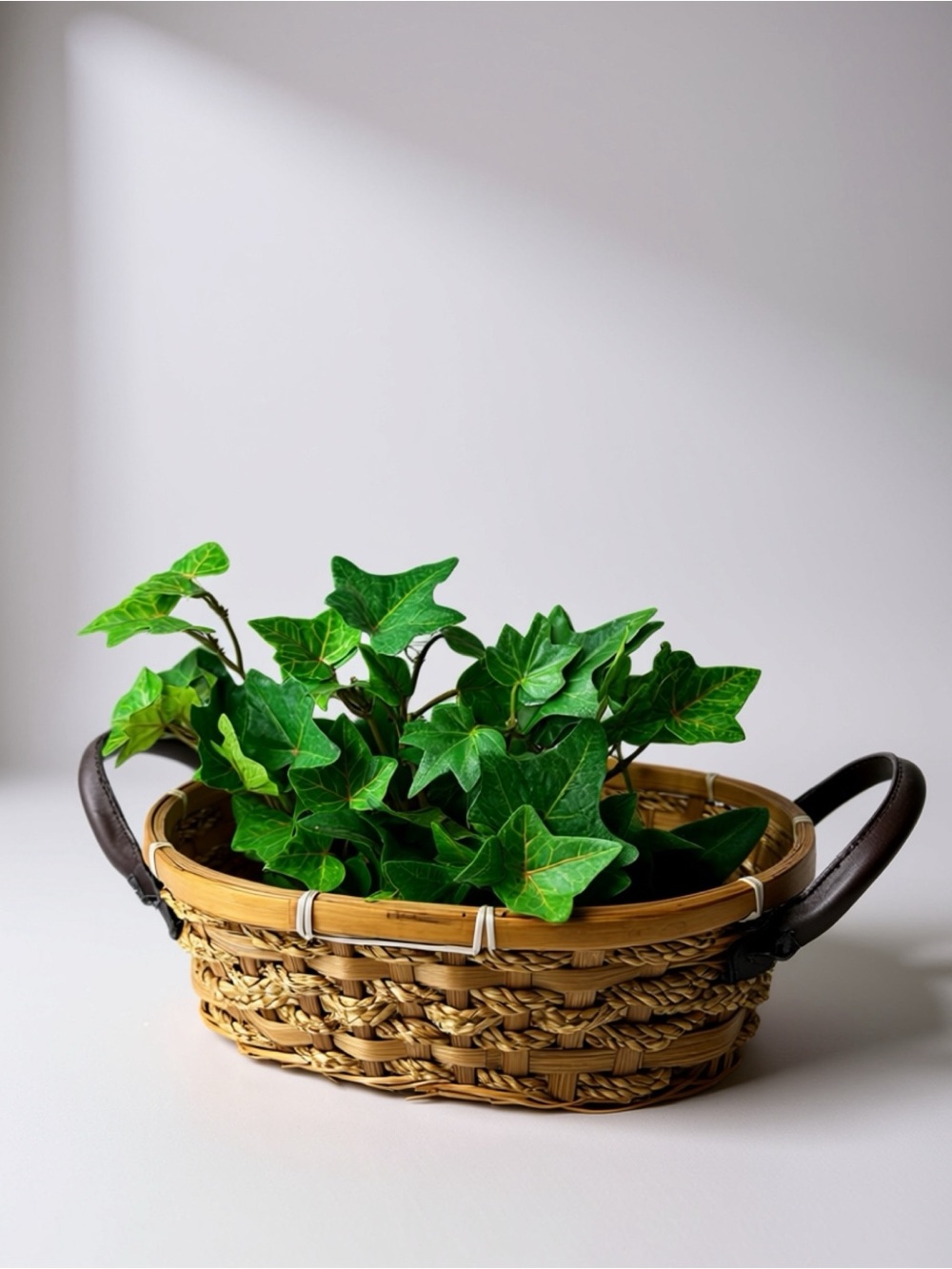 Woven Rattan Basket Planter with Green Faux Ivy - Home Decor